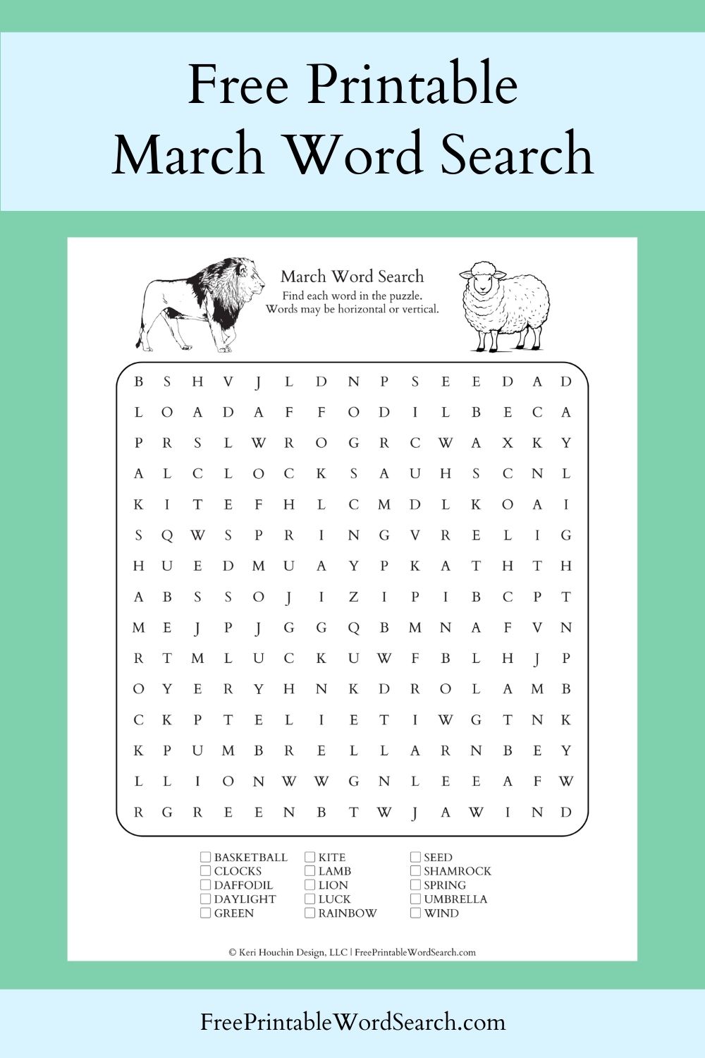 March word search with 15 words hidden in a 15 by 15 grid.
