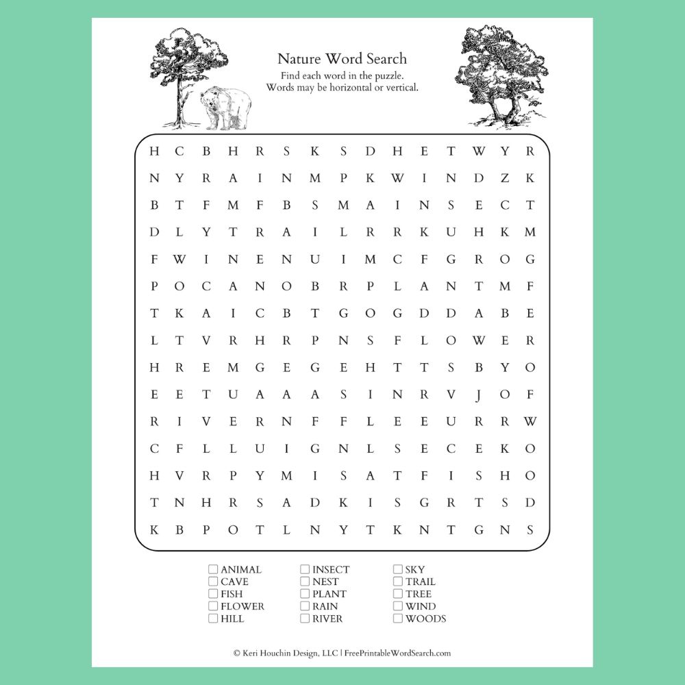 Nature word search with 15 words hidden in a 15 by 15 grid.