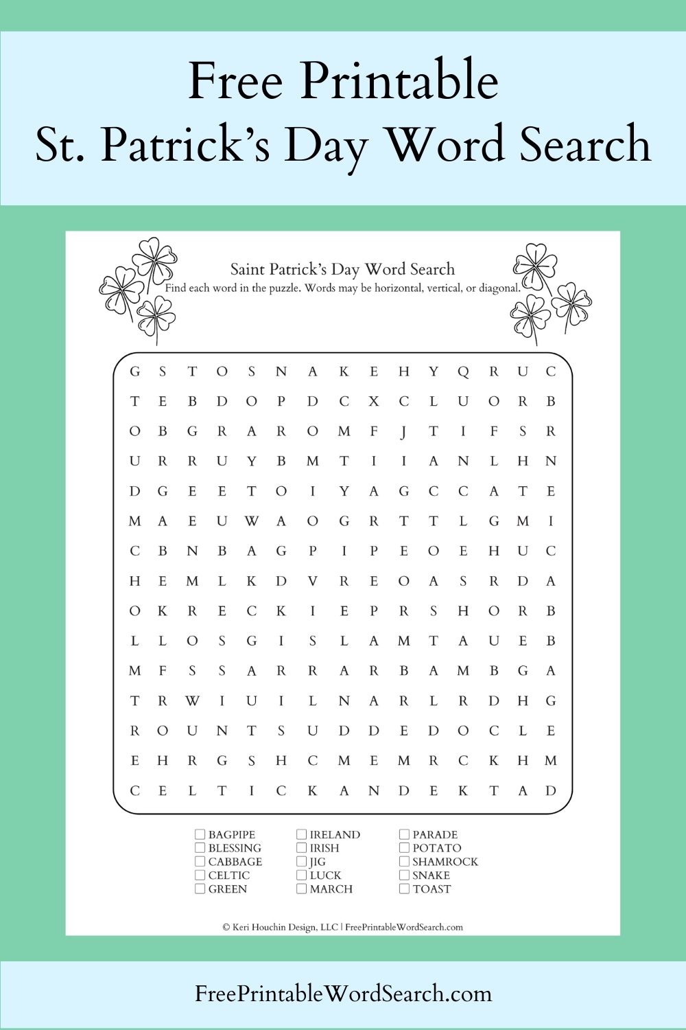 Saint Patrick's Day word search with 15 words hidden in a 15 by 15 grid.