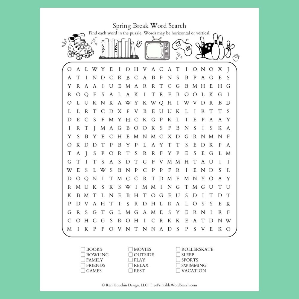 Spring break word search with 15 words hidden in a 20 by 20 grid.