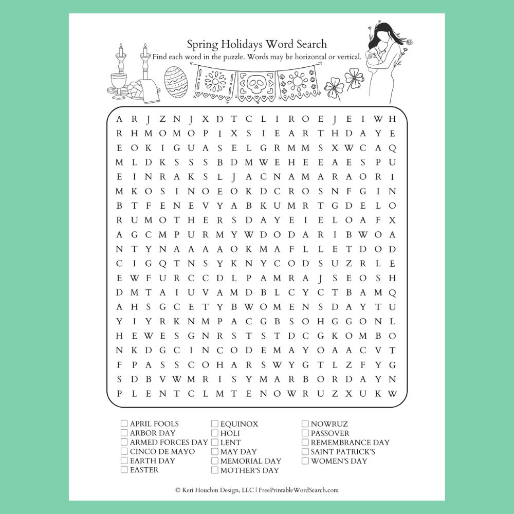 Spring holiday word search with 17 words hidden in a 20 by 20 grid.