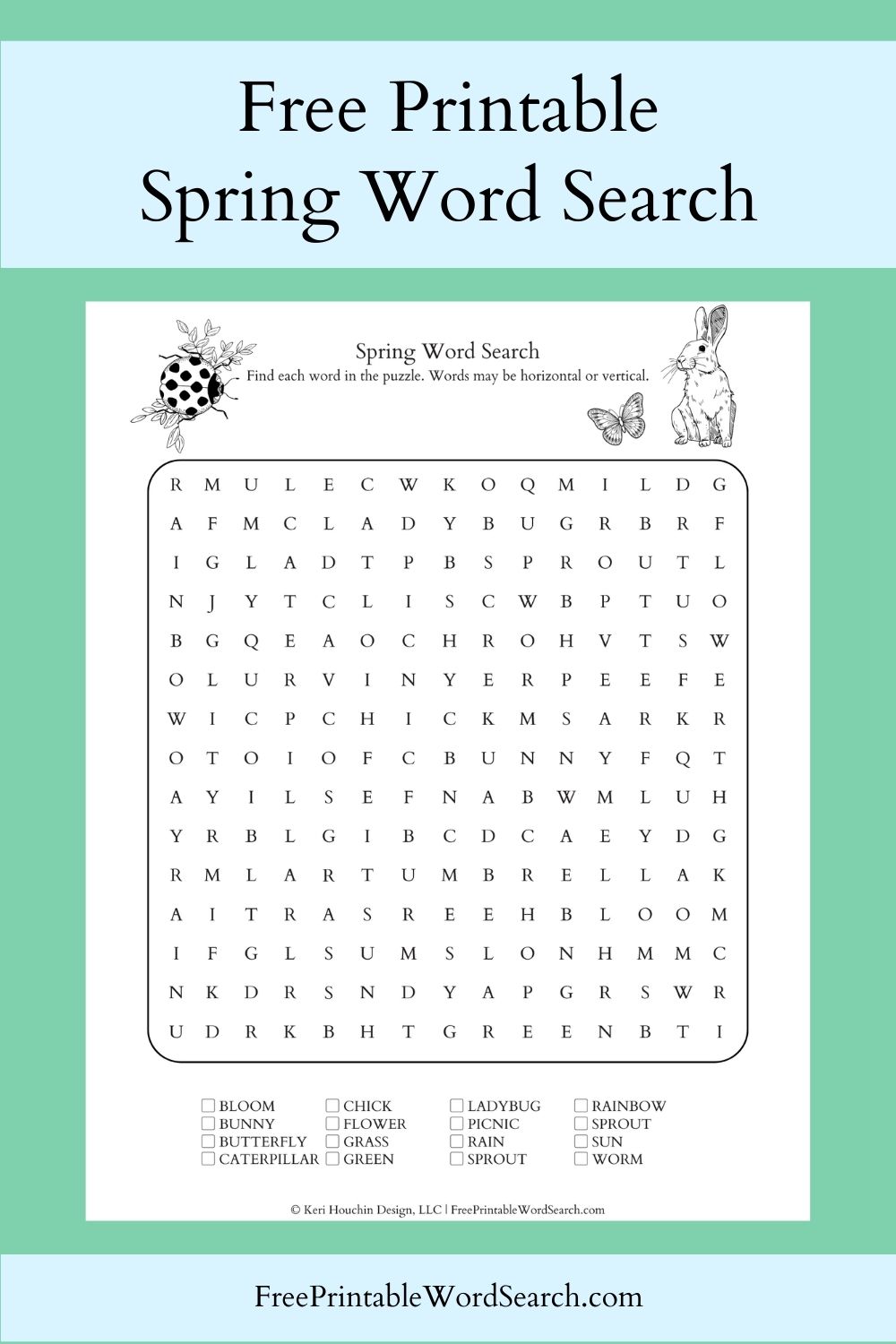 Spring word search with 16 words hidden in a 15 by 15 puzzle.