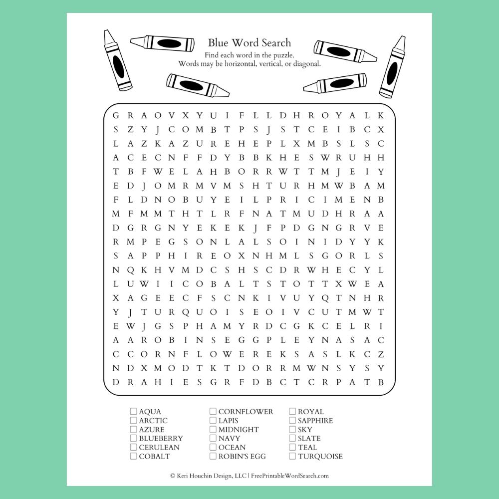 Blue word search with 18 words hidden in a 20 by 20 grid.