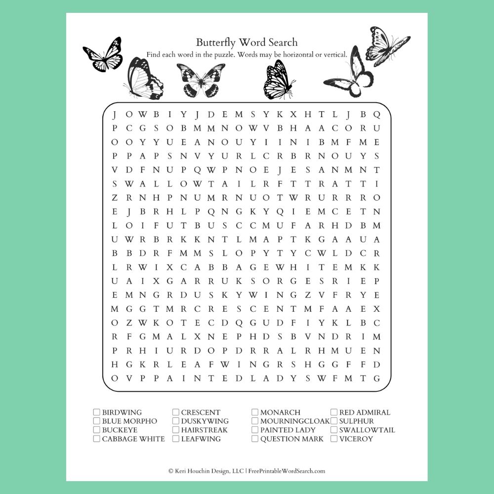 Butterfly word search with 15 words hidden in a 20 by 20 grid.