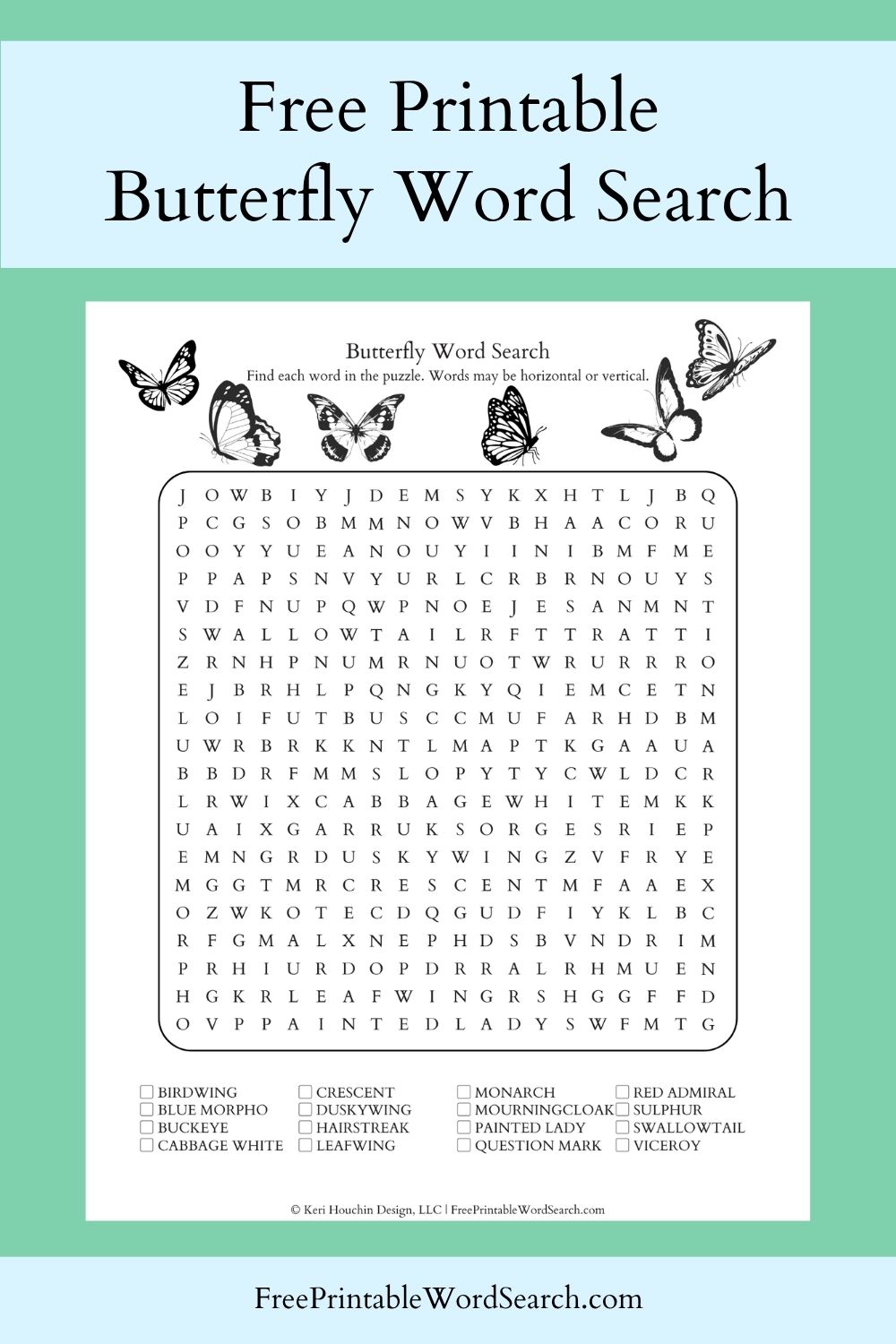 Butterfly word search with 15 words hidden in a 20 by 20 grid.