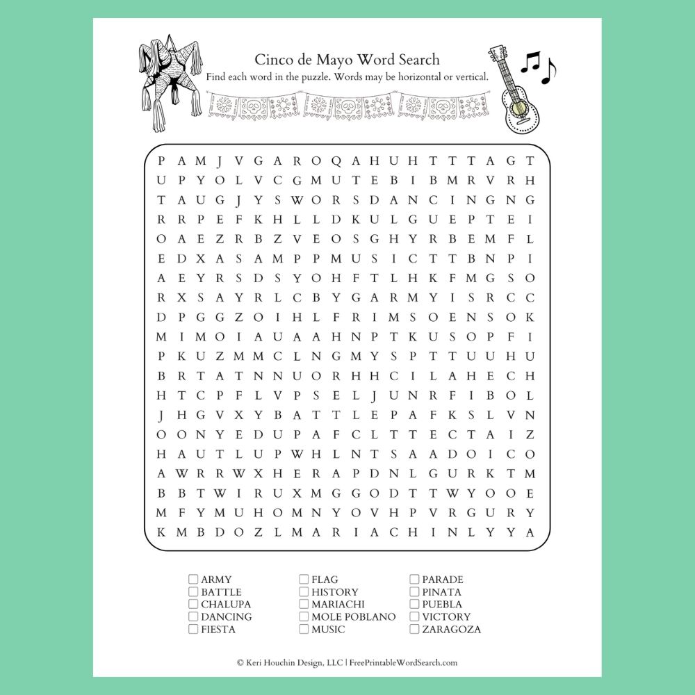 Cinco de Mayo word search with 15 words hidden in a 20 by 20 grid.