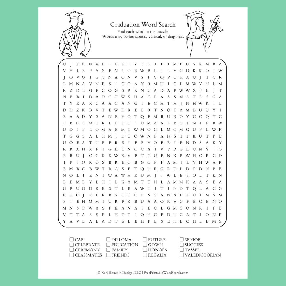 Graduation word search with 16 words hidden in a 25 by 25 grid.