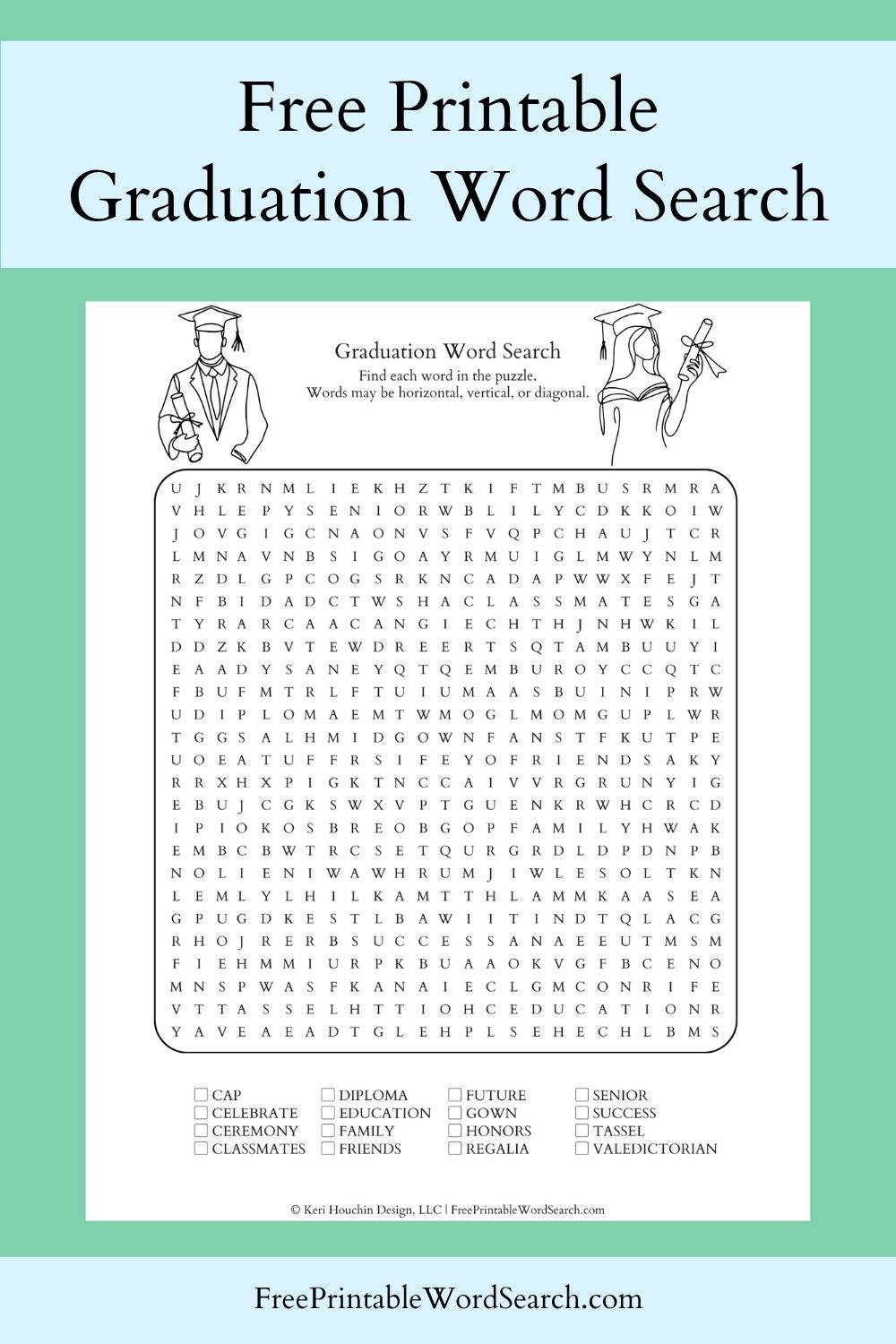 Graduation word search with 16 words hidden in a 25 by 25 grid.