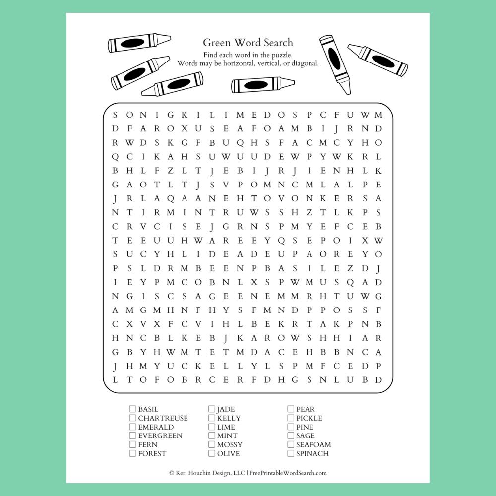 Green word search with 18 words hidden in a 20 by 20 grid.
