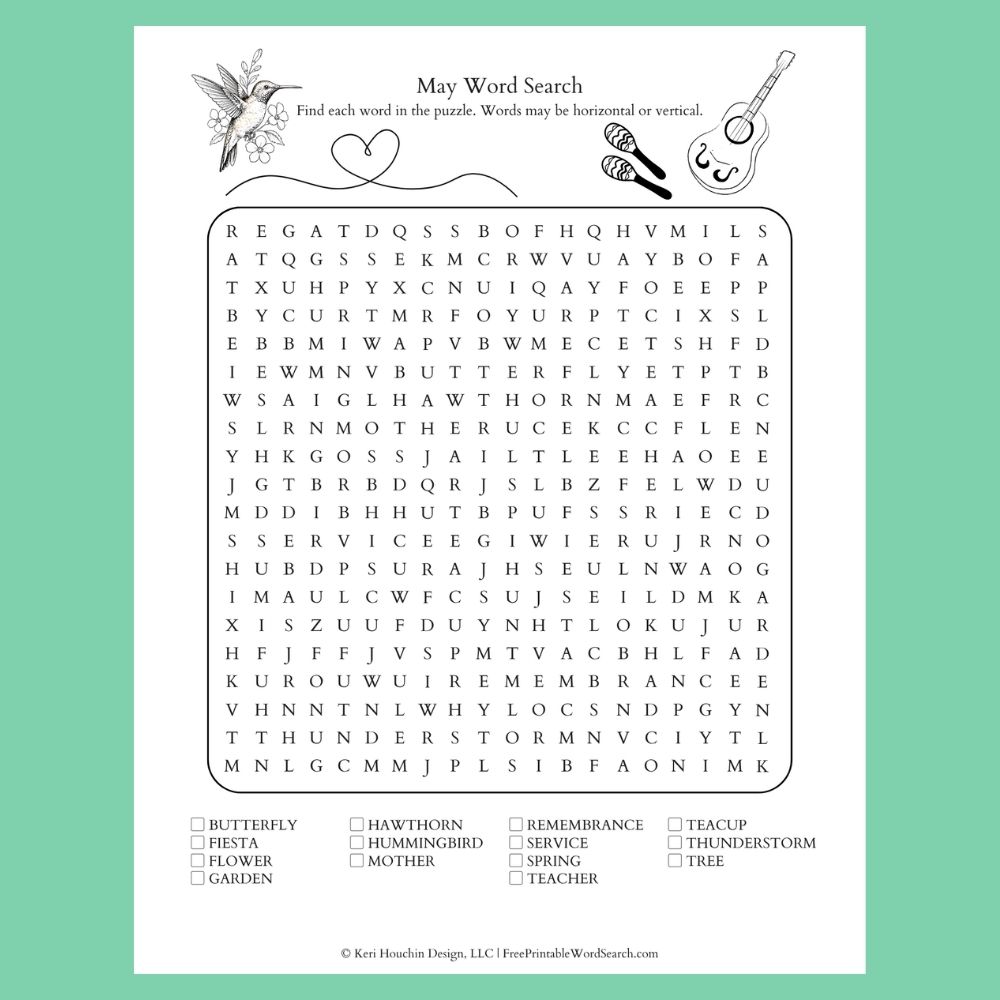May word search with 14 words hidden in a 20 by 20 grid.