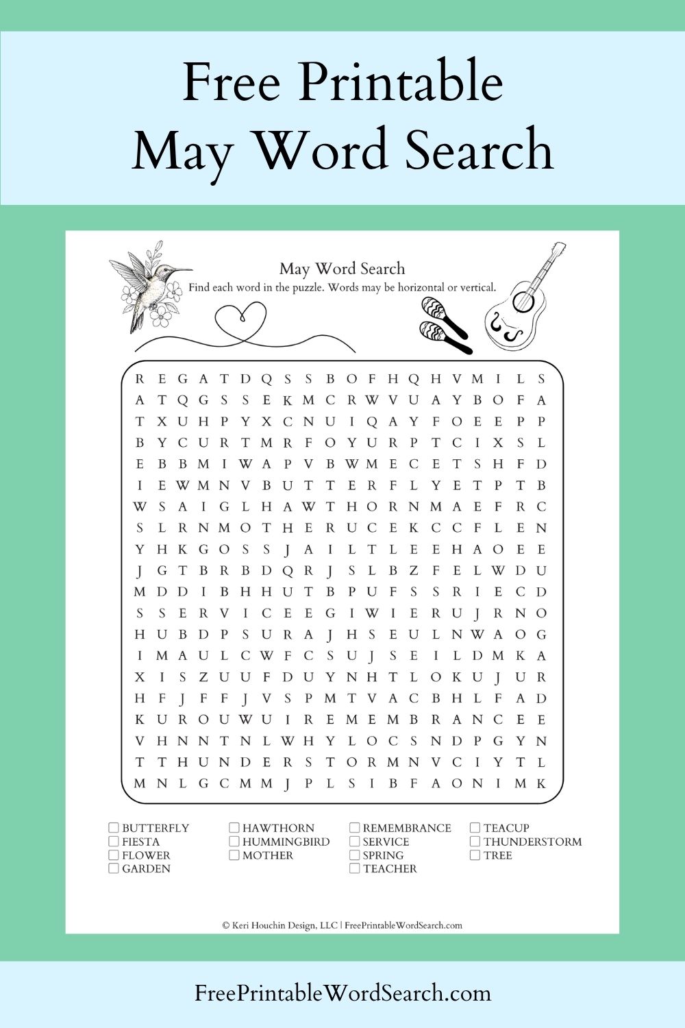 May word search with 14 words hidden in a 20 by 20 grid.