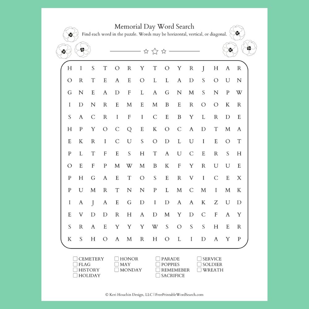 Memorial Day word search with 14 words hidden in a 15 by 15 grid.