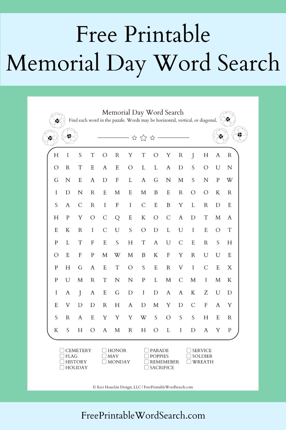 Memorial Day word search with 14 words hidden in a 15 by 15 grid.