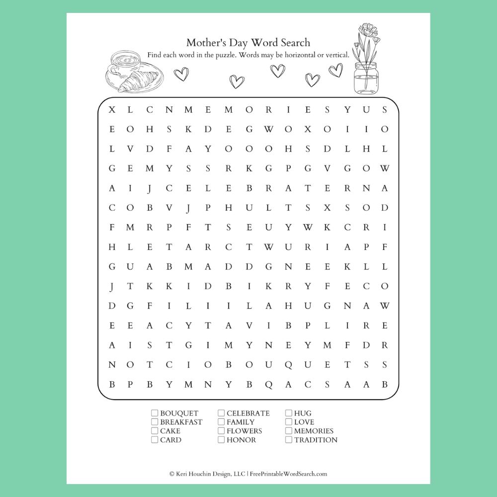 Mother's Day word search with 12 words hidden in a 15 by 15 grid.