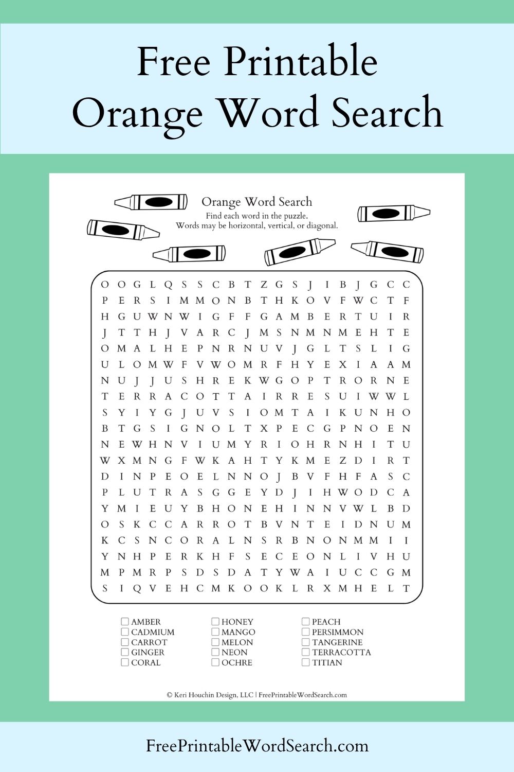 Orange word search with 15 words hidden in a 20 by 20 grid.