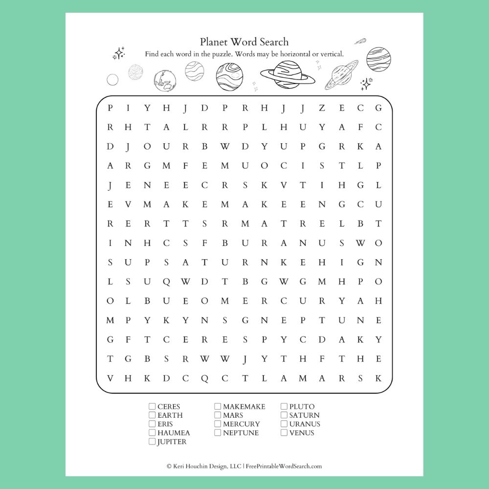 Planet word search with 13 words hidden in a 15 by 15 grid.