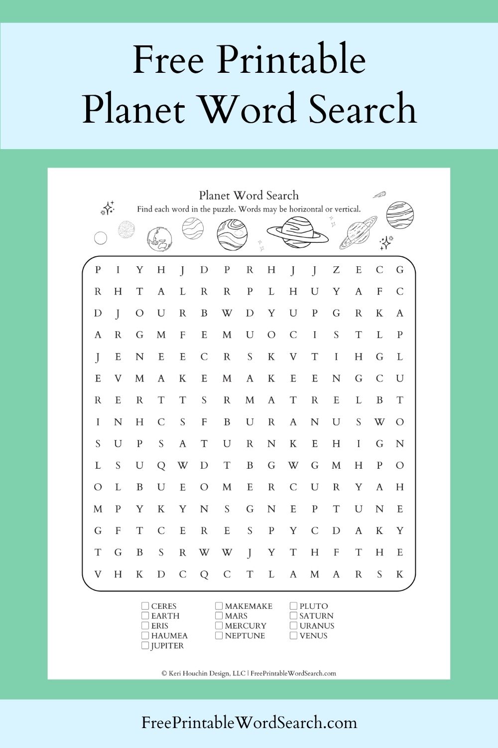 Planet word search with 13 words hidden in a 15 by 15 grid.