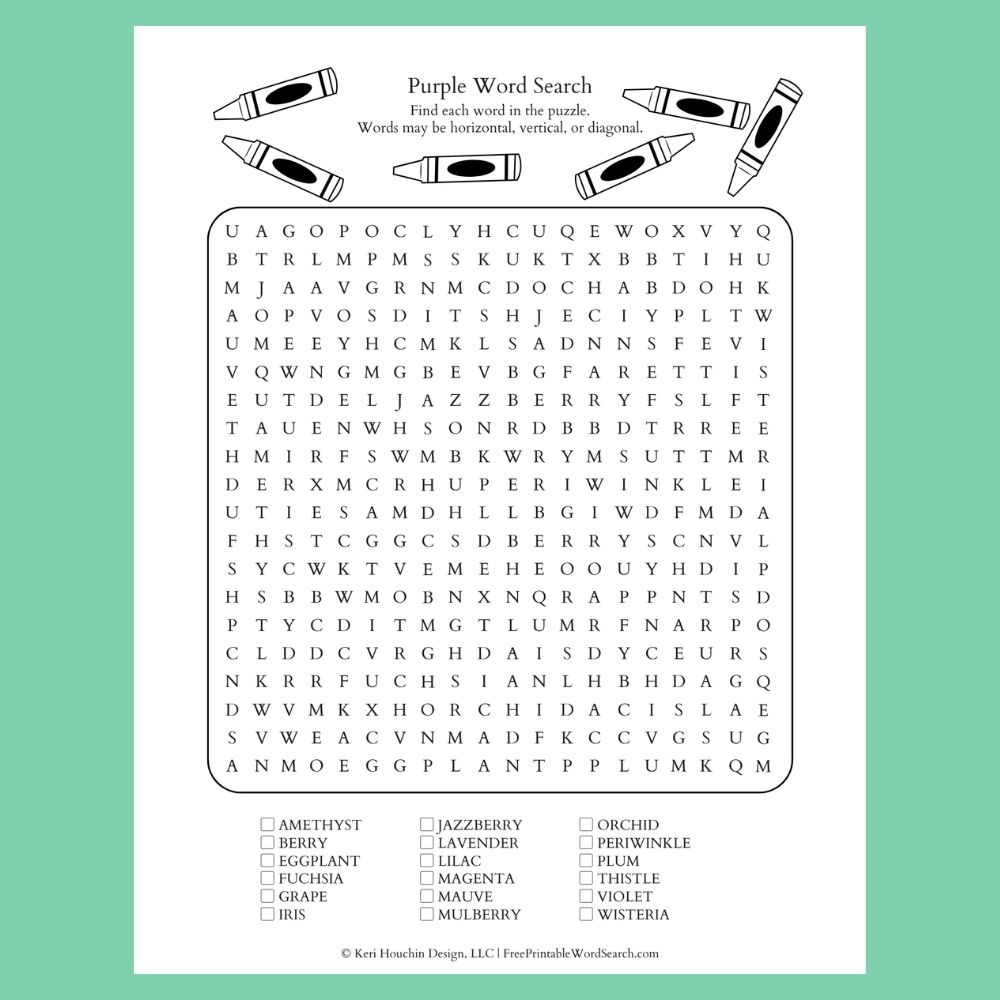 Purple word search with 18 words hidden in a 20 by 20 grid.