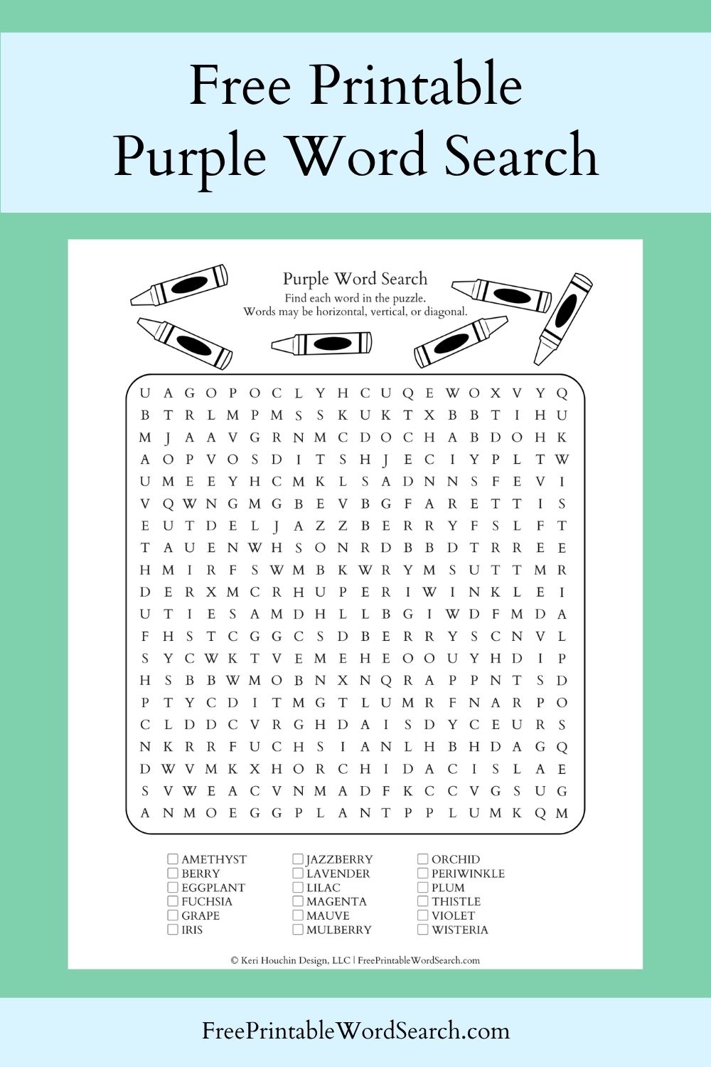 Purple word search with 18 words hidden in a 20 by 20 grid.