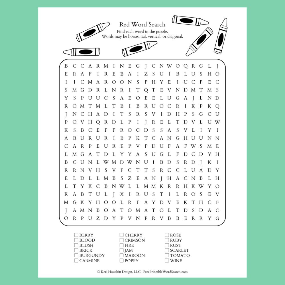Red word search with 18 words hidden in a 20 by 20 grid.
