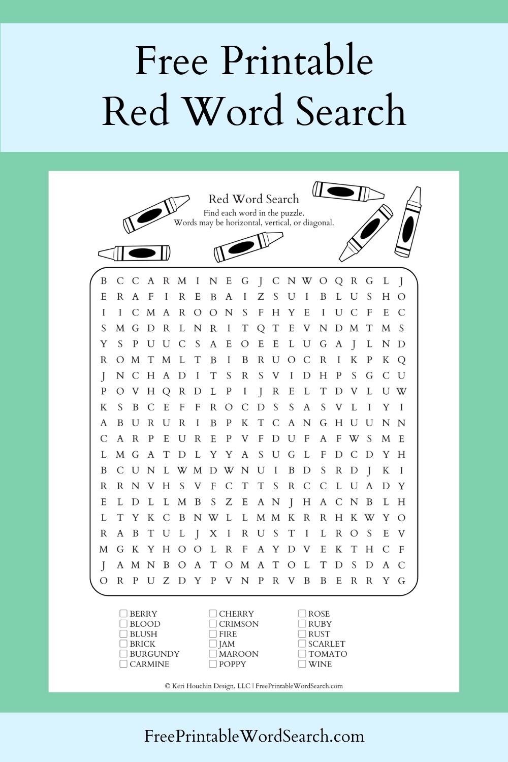 Red word search with 18 words hidden in a 20 by 20 grid.
