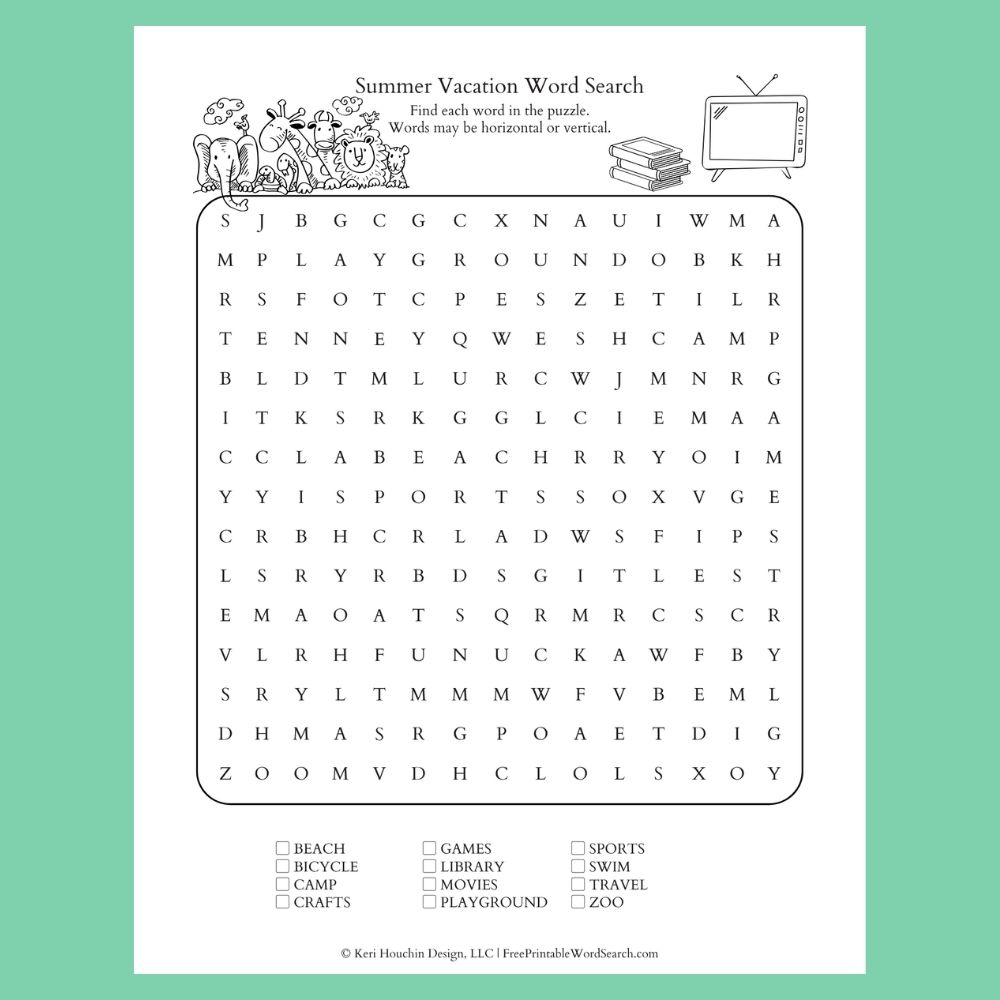 Summer vacation word search with 12 words hidden in a 15 by 15 grid.