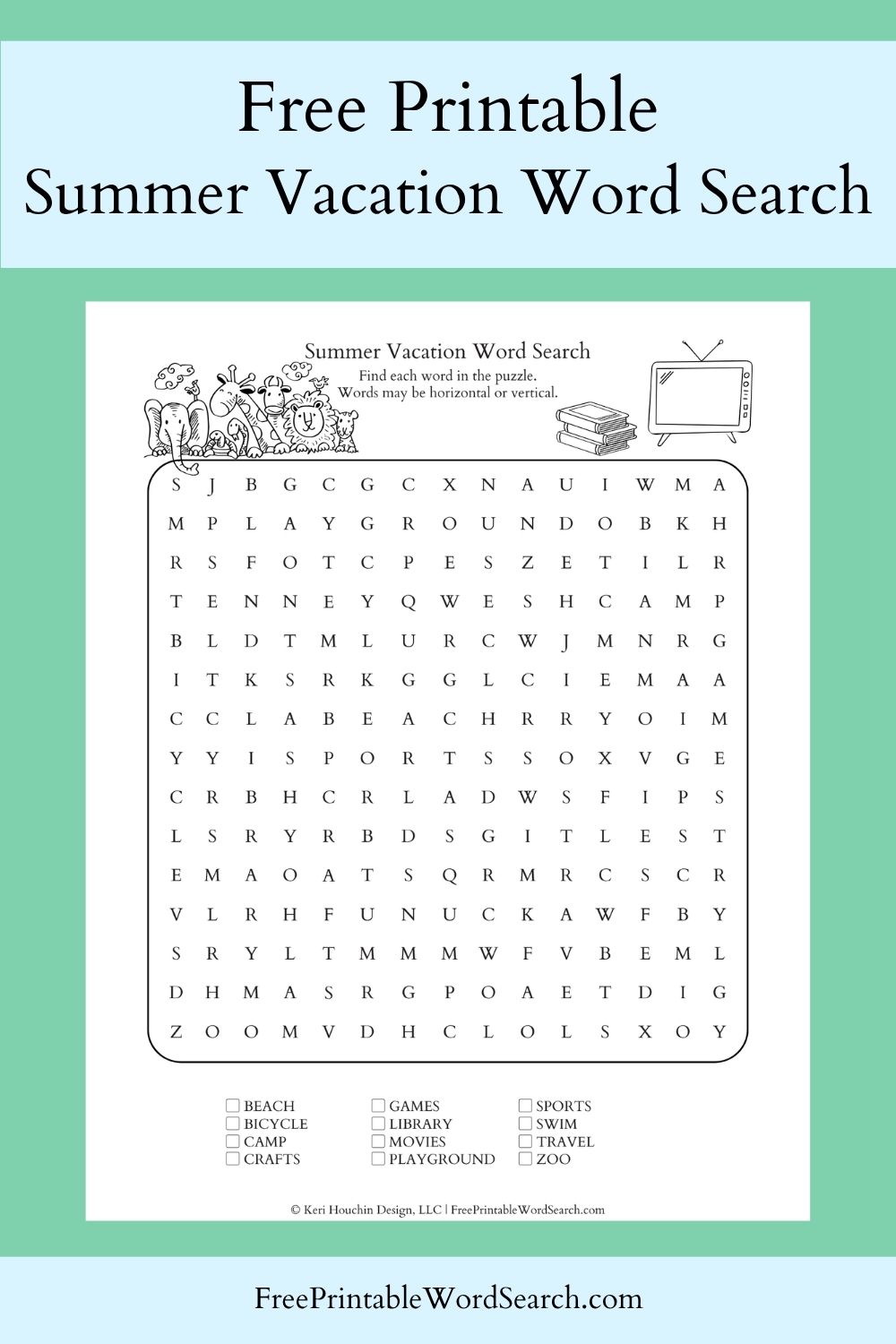 Summer vacation word search with 12 words hidden in a 15 by 15 grid.