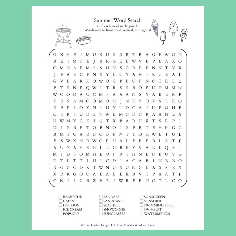 Summer word search with 15 words hidden in a 20 by 20 grid.