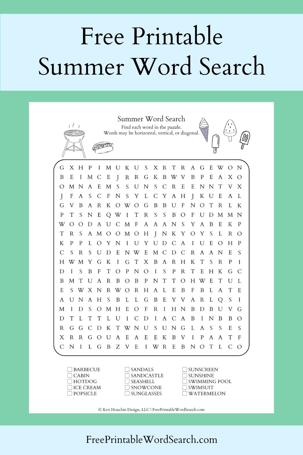 Summer word search with 15 words hidden in a 20 by 20 grid.