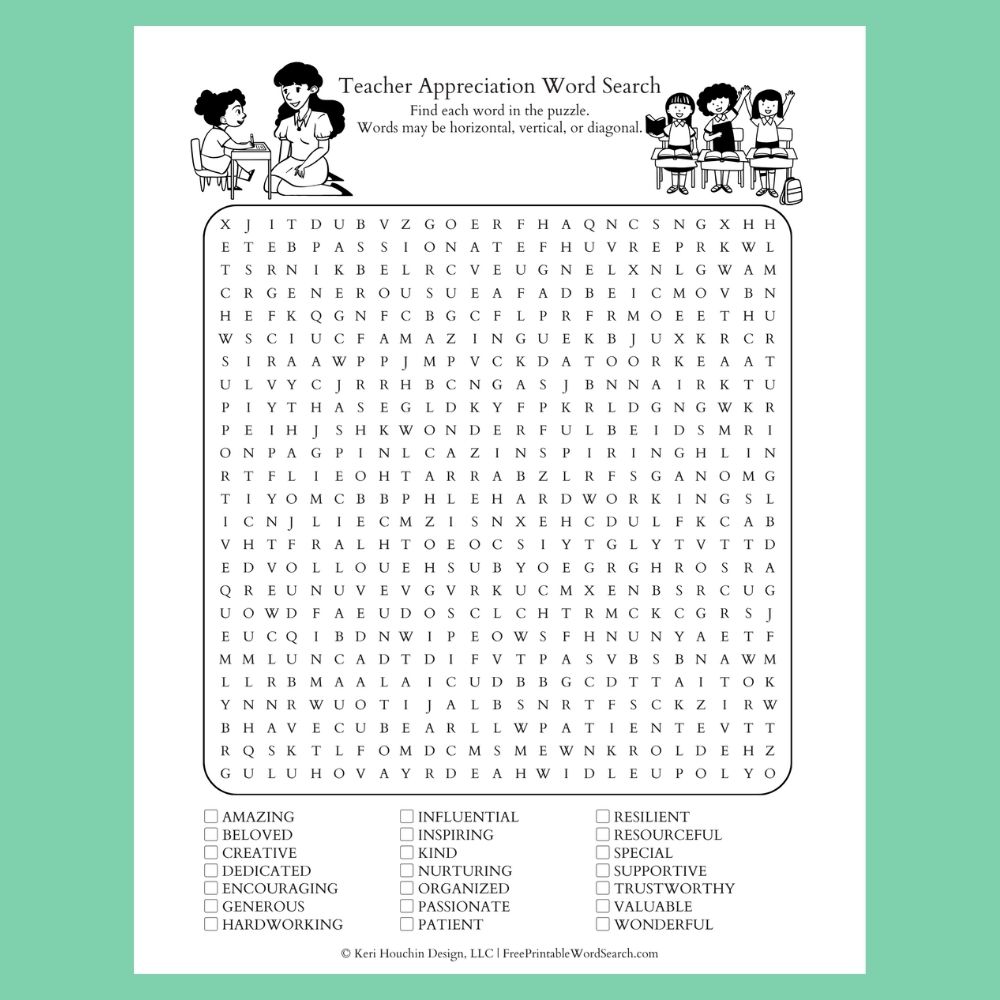 Teacher Appreciation word search with 21 words hidden in a 25 by 25 grid.