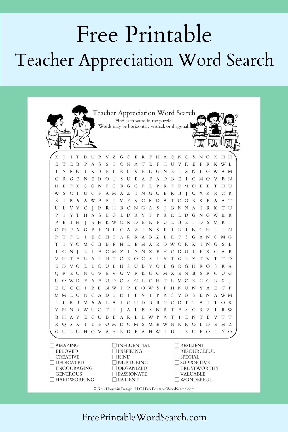 Teacher Appreciation word search with 21 words hidden in a 25 by 25 grid.