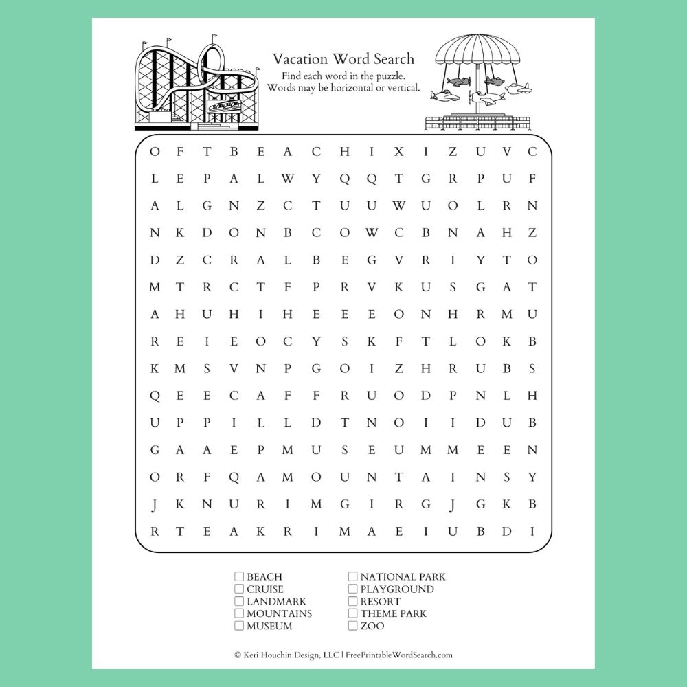 Vacation word search with 10 words hidden in a 15 by 15 grid.