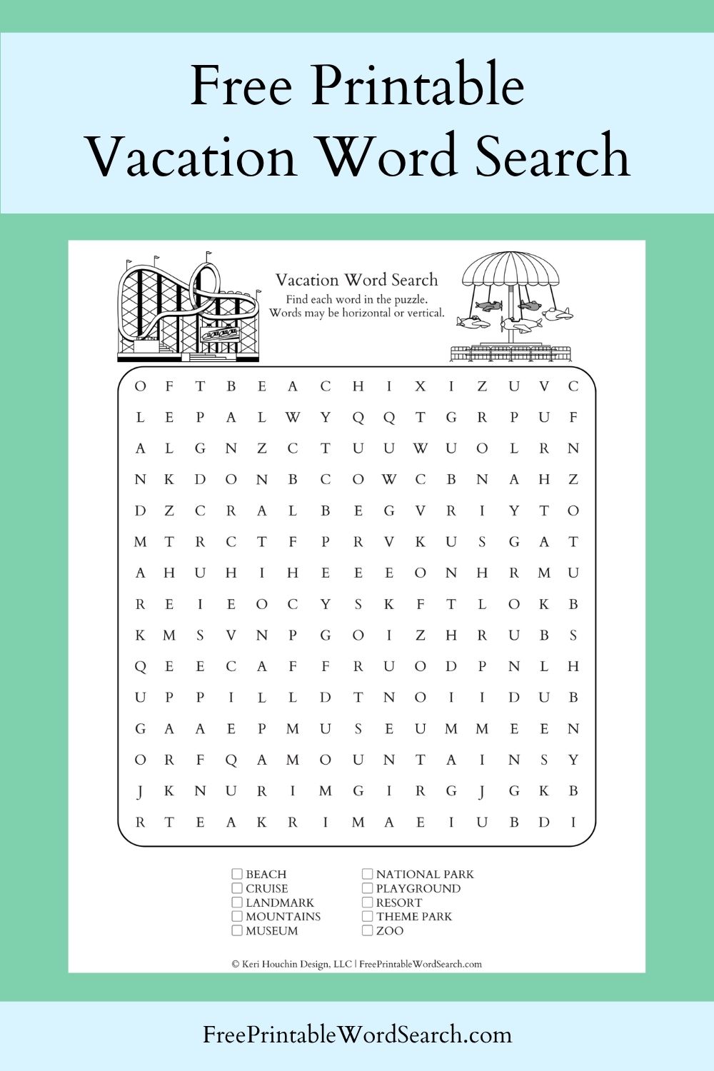 Vacation word search with 10 words hidden in a 15 by 15 grid.
