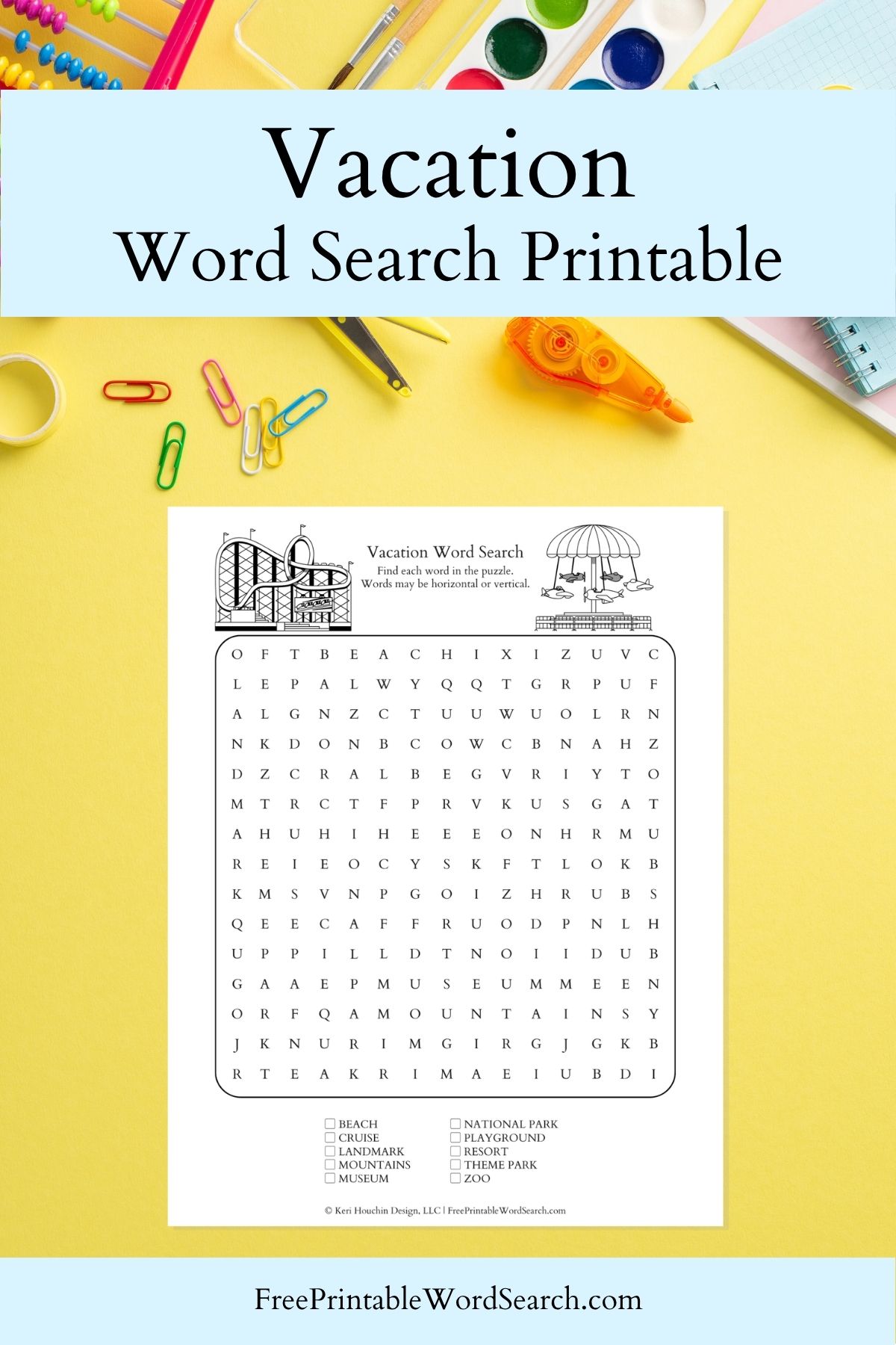 Vacation word search printable.