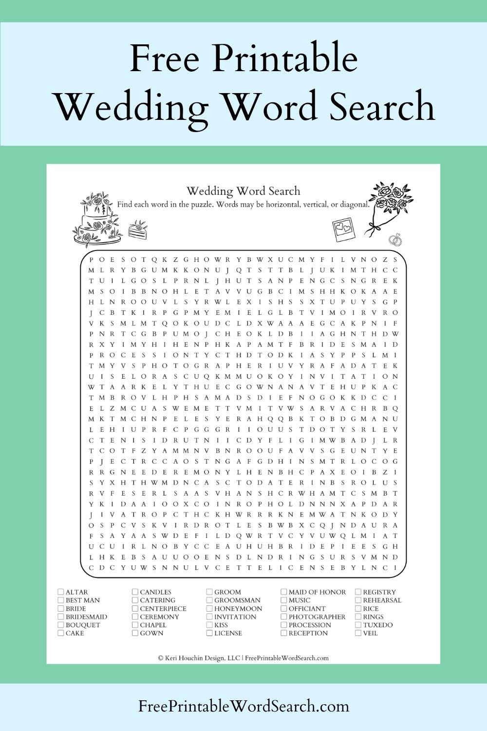 Wedding word search with 30 words hidden in a 30 by 30 grid.