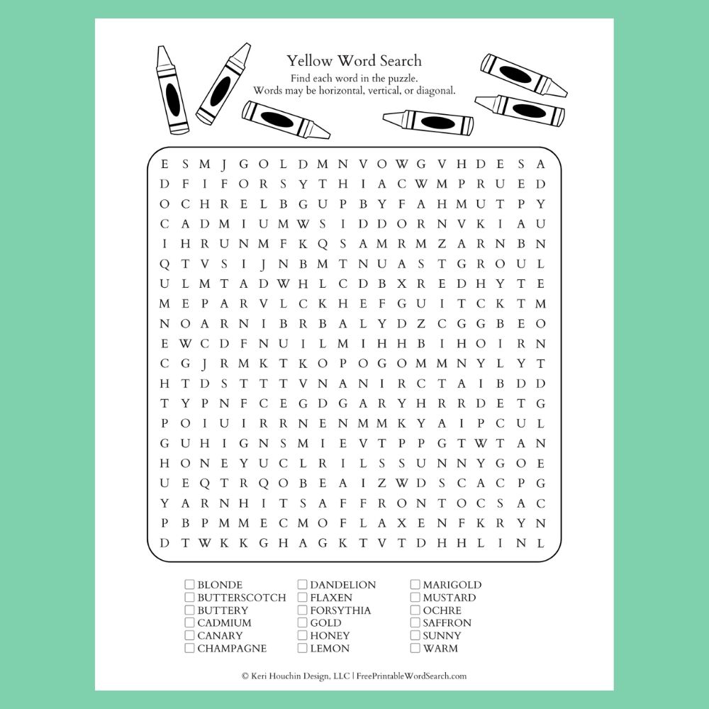 Yellow word search with 18 words hidden in a 20 by 20 grid.