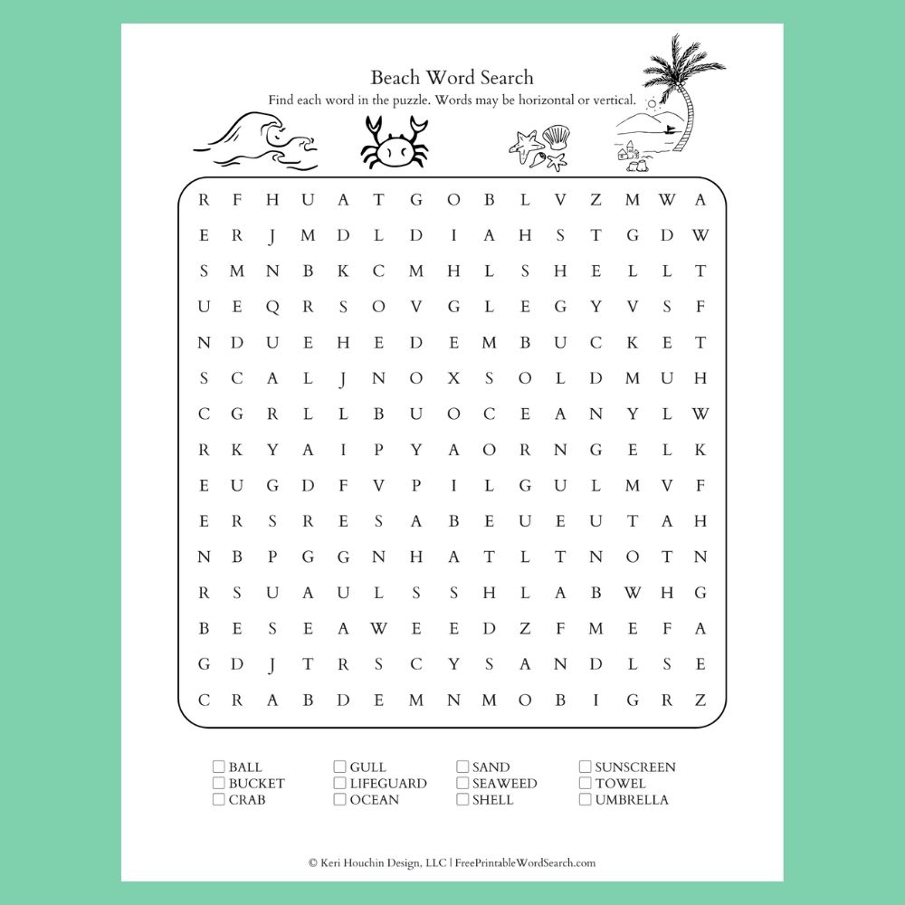Beach word search with 12 words hidden in a 15 by 15 grid.
