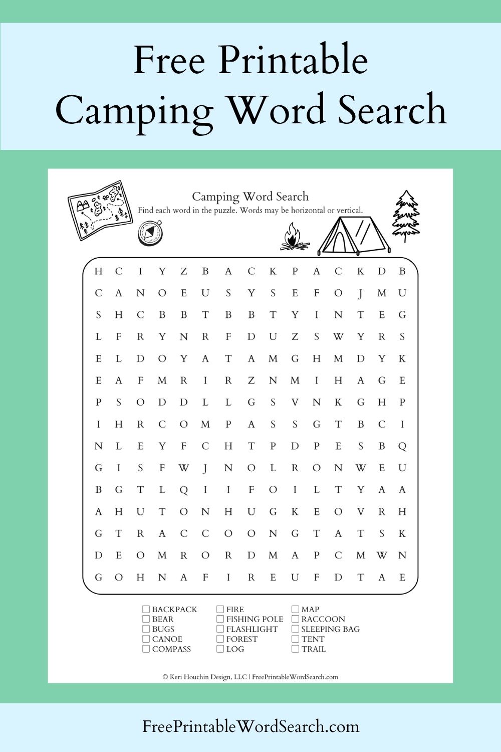 Camping word search with 15 words hidden in a 15 by 15 grid.