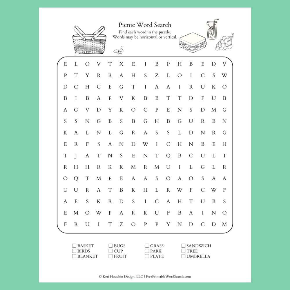 Picnic word search with 12 words hidden in a 15 by 15 grid.