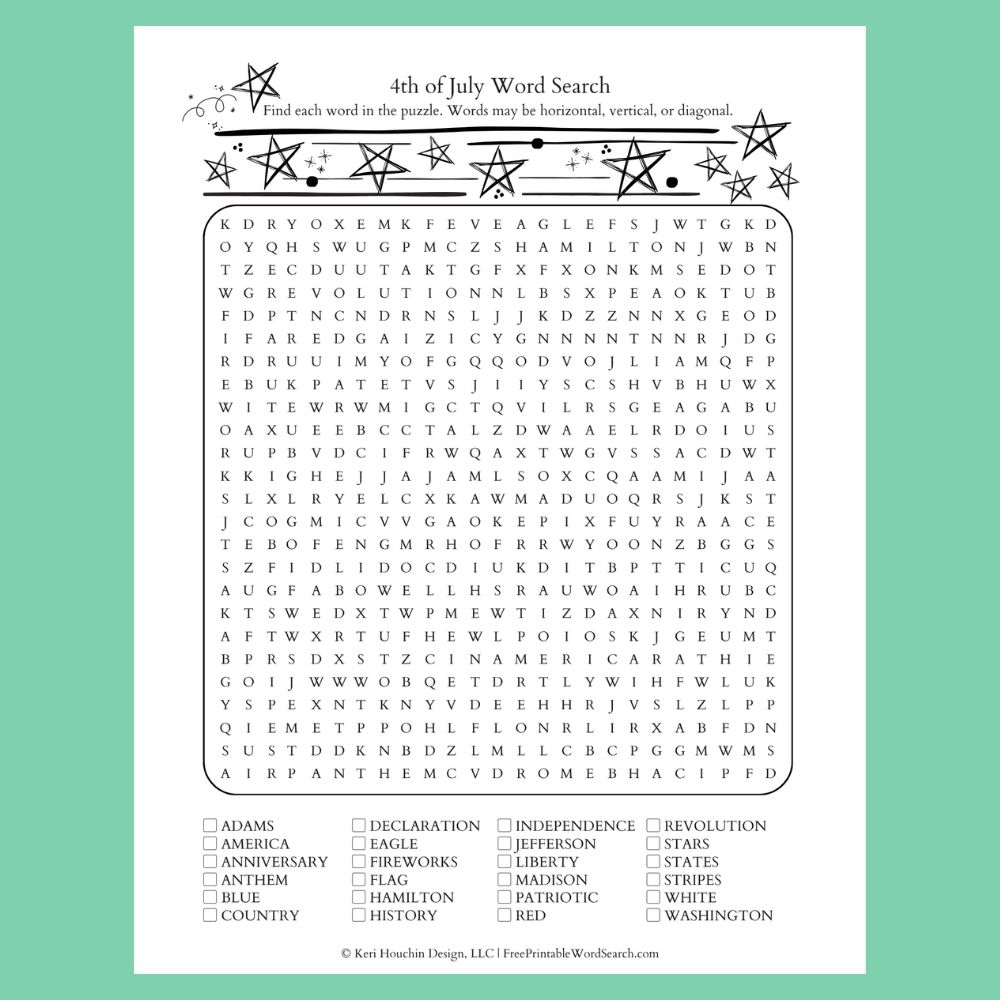 4th of July word search with 24 words hidden in a 25 by 25 grid.