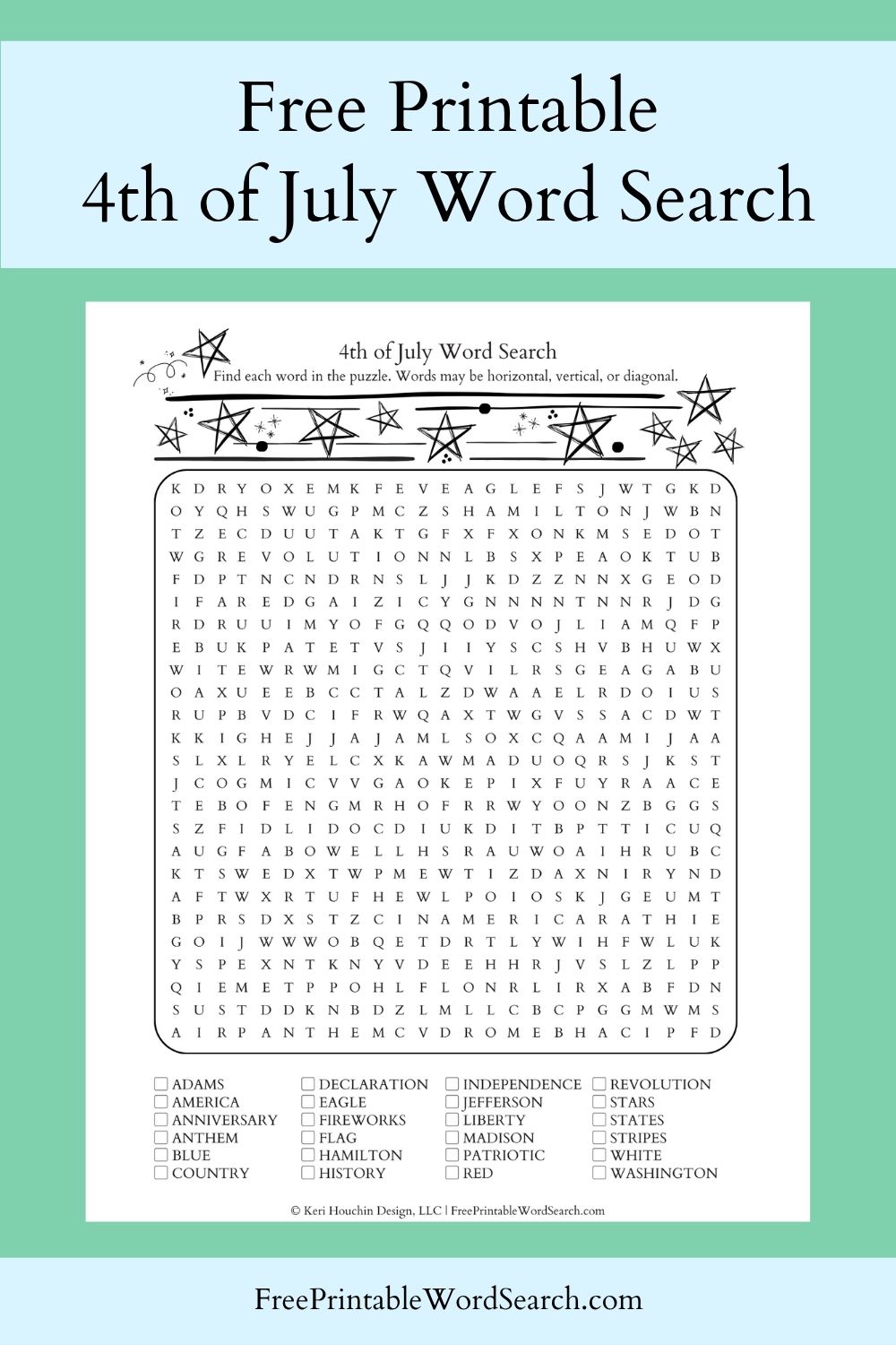 4th of July word search with 24 words hidden in a 25 by 25 grid.