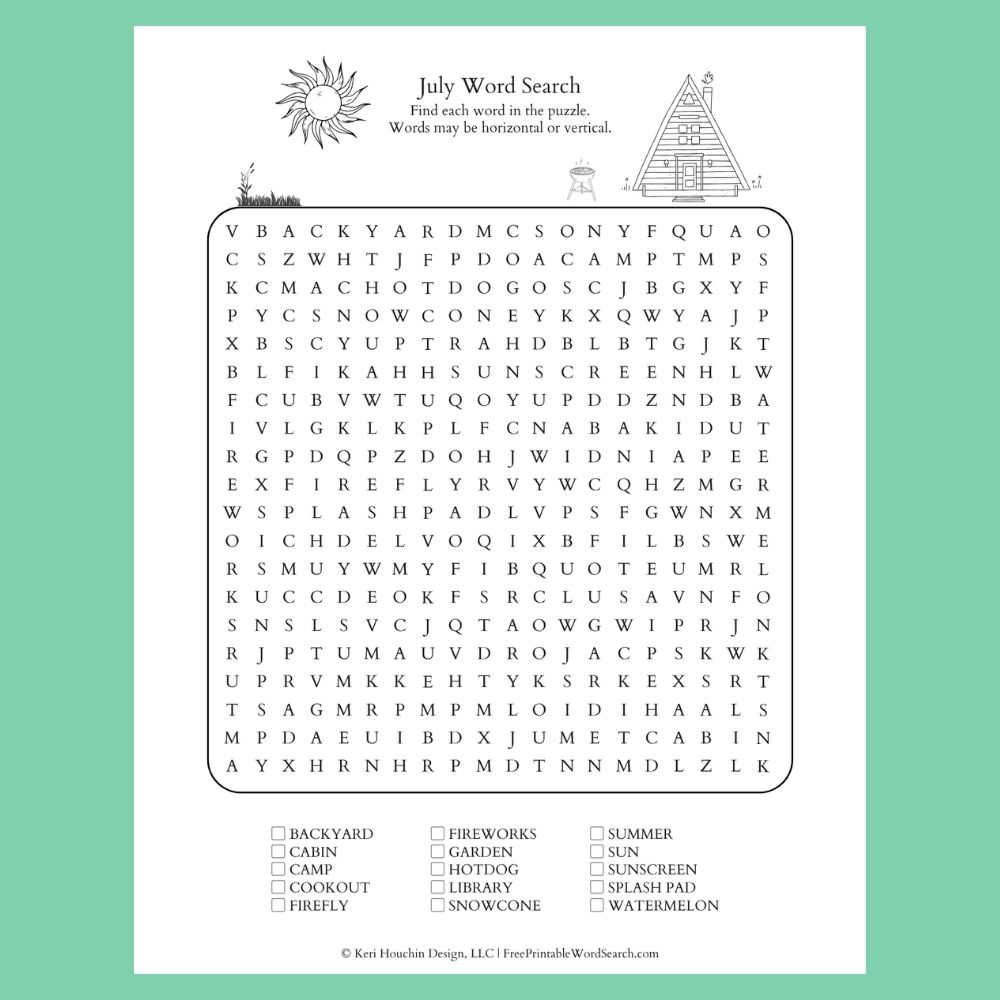 July word search with 15 words hidden in a 20 by 20 grid.