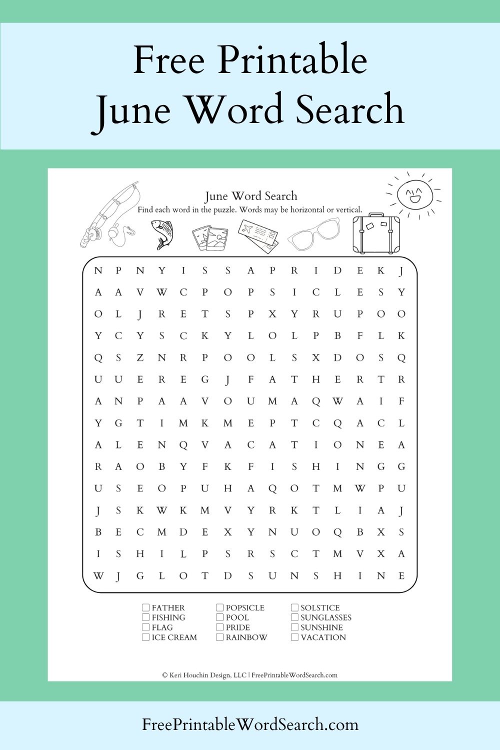 June word search with 12 words hidden in a 15 by 15 grid.