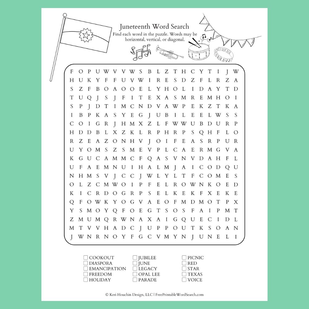 Juneteenth word search with 15 words hidden in a 20 by 20 grid.
