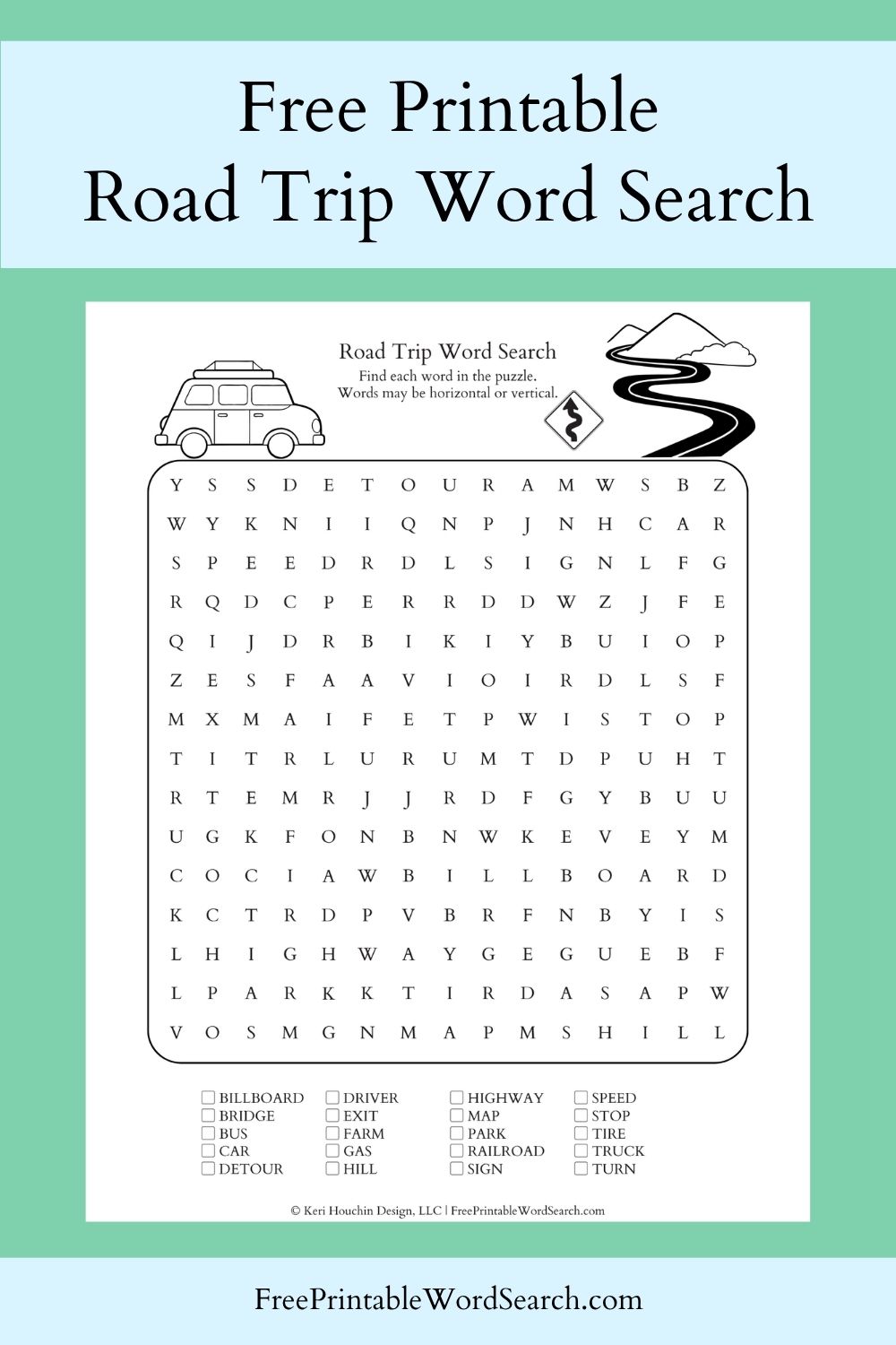Road trip word search with 20 words hidden in a 15 by 15 grid.