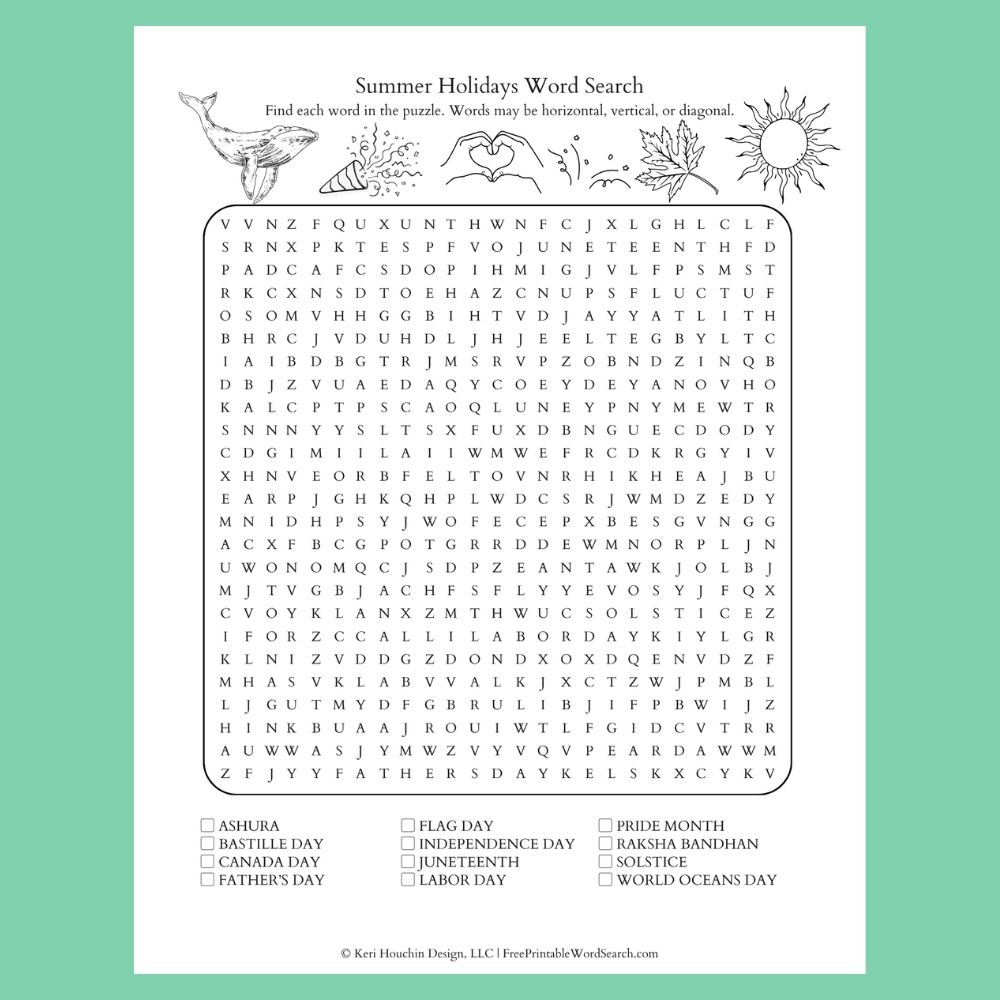Summer holidays word search with 12 words hidden in a 25 by 25 grid.