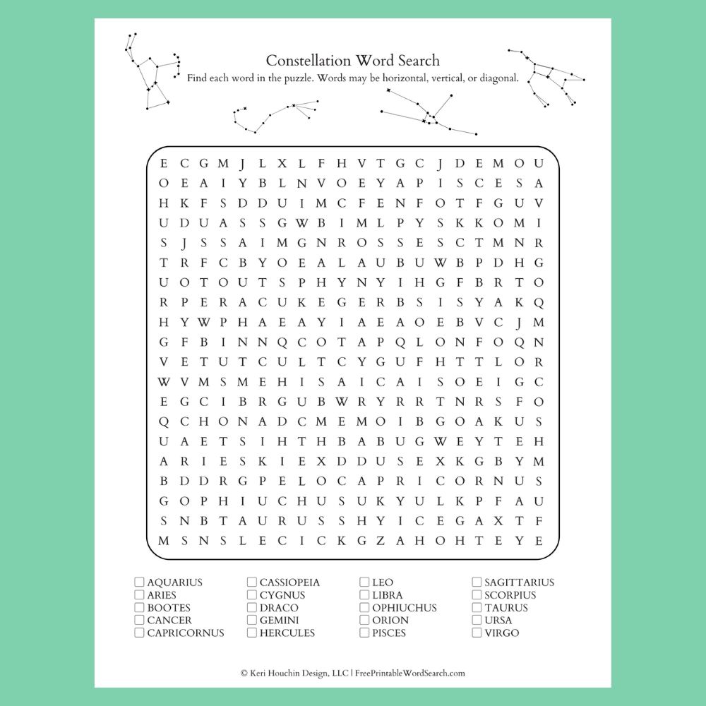 Constellation word search with 20 names hidden in a 20 by 20 grid.
