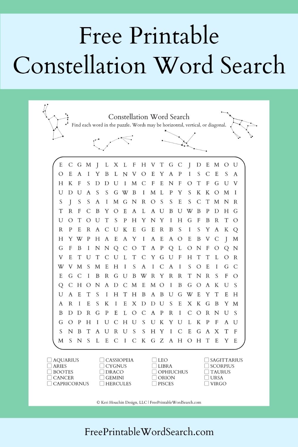 Constellation word search with 20 names hidden in a 20 by 20 grid.