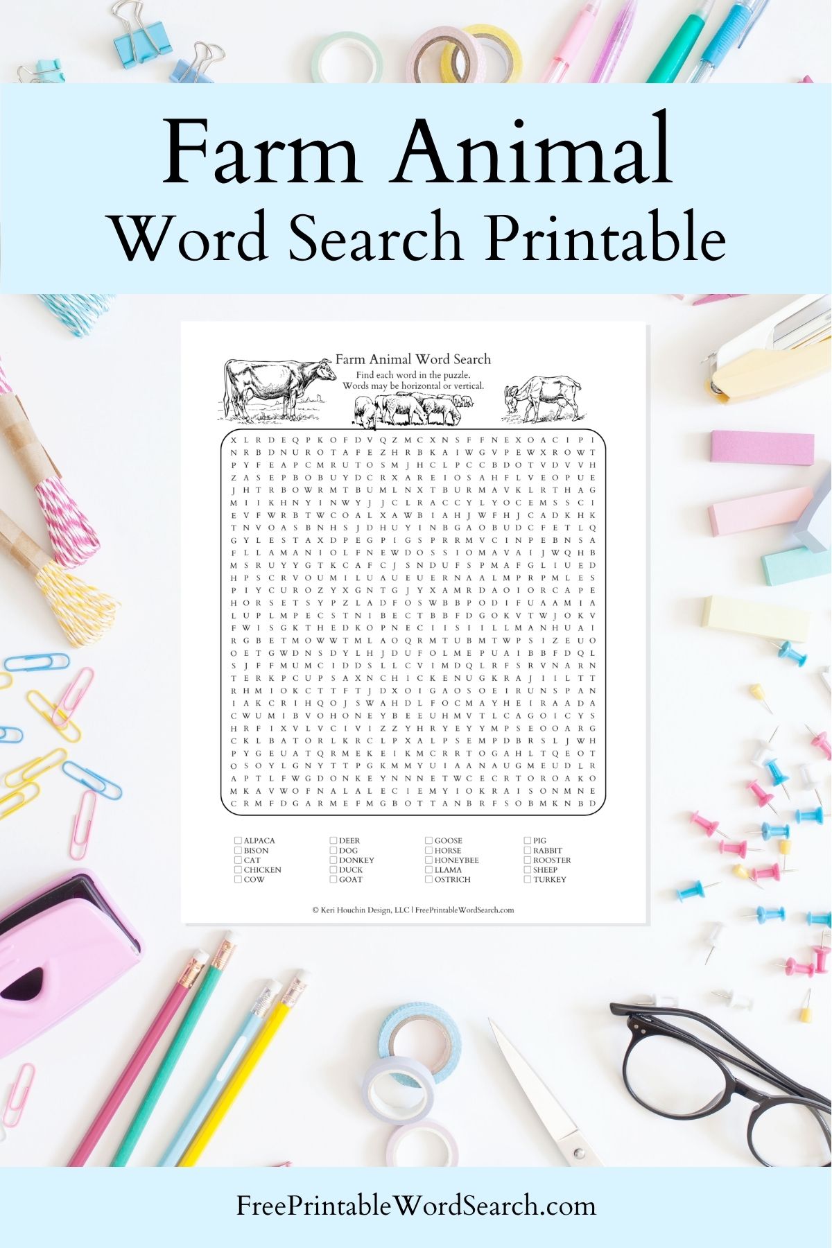 Farm animal word search printable.