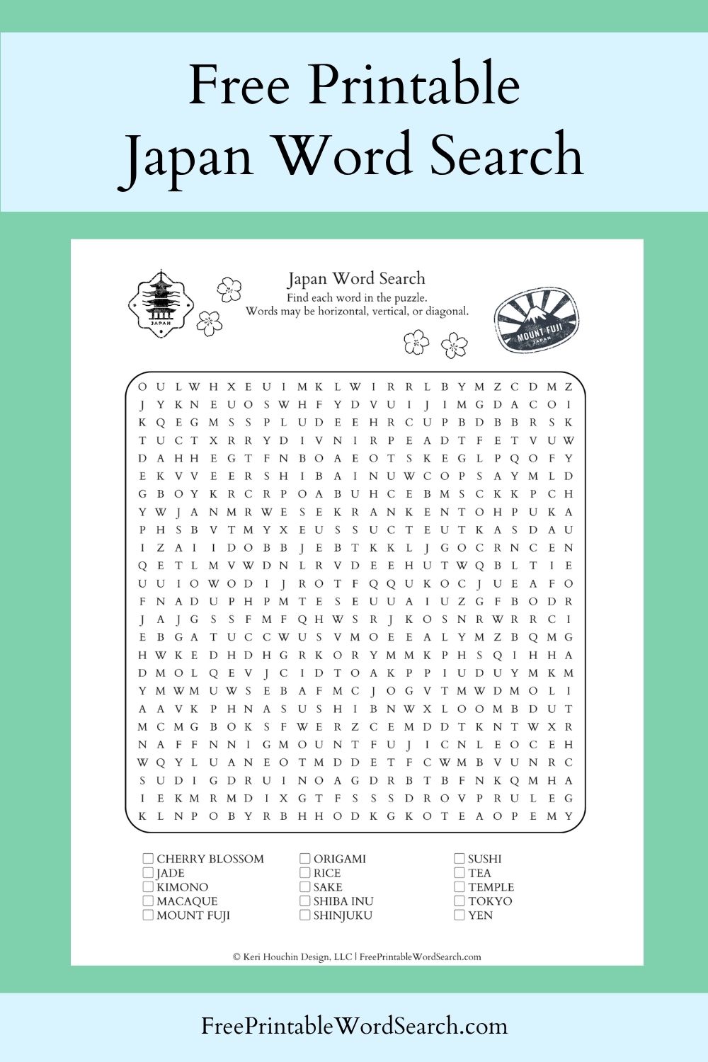 Japan word search with 15 words hidden in a 25 by 25 grid.